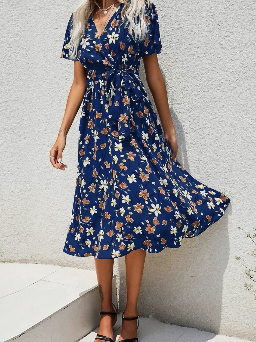 Floral Wrap Midi Dress in Navy